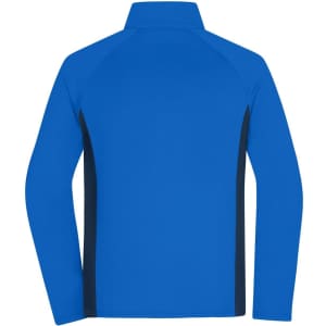 A blue stretch fleece jacket with a navy panel on the sides and a high collar, featuring a logo.