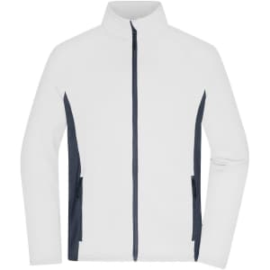 A men's stretch fleece jacket in white with navy side panels and a zip front. It features two zippered pockets and a logo.