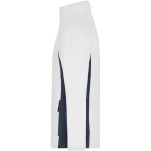 A men's stretch fleece jacket in white with navy accents, featuring side pockets and a high collar.