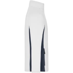 A white men's stretch fleece jacket featuring navy side panels and a high collar. It has a logo on the front.