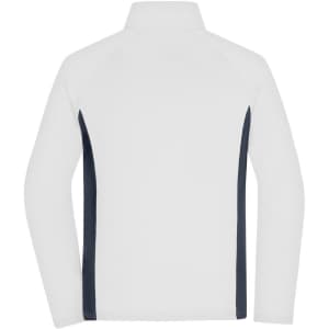 A white men's stretch fleece jacket with navy side panels, featuring a high collar and a logo.