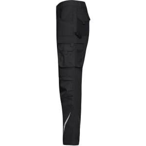Black winter workwear pants featuring multiple pockets and reflective detailing. The pants have a logo on them.