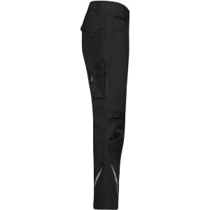 Black work pants with reflective detailing and side pockets. Features a logo on the waistband.