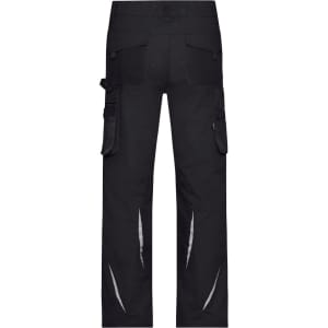 Black winter workwear pants featuring multiple pockets and reflective detailing. The back view highlights the sturdy design.