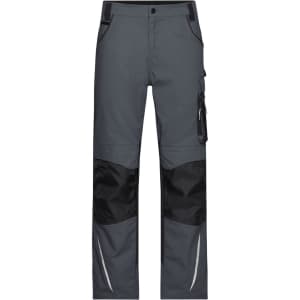 Grey workwear pants featuring black knee panels and reflective detailing, with multiple pockets and a logo.