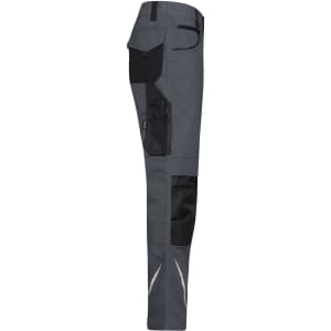Workwear pants in grey with black accents, featuring multiple pockets and reflective detailing. It has a visible brand logo.