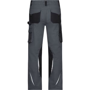 Grey workwear pants with black accents, featuring multiple pockets and reflective detailing. Includes a logo on the waistband.