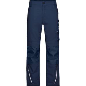 Navy blue work pants featuring cargo pockets and reflective detailing. The pants have a logo on the waistband.