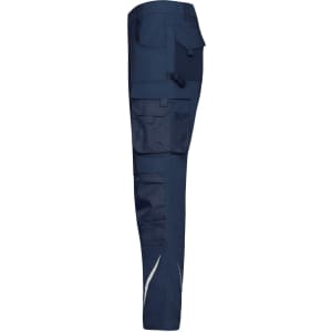 Navy blue work pants with multiple pockets and reflective details, featuring a side view design.