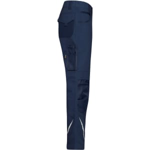 Navy workwear pants with multiple pockets and reflective detailing. Features a logo on the side.