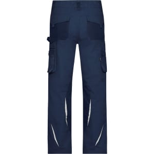 Workwear pants in navy blue, featuring multiple pockets and reflective details. Includes a logo on the waistband.
