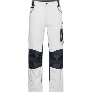 Winter workwear pants in white with navy accents and cargo pockets, featuring a logo on the fabric.