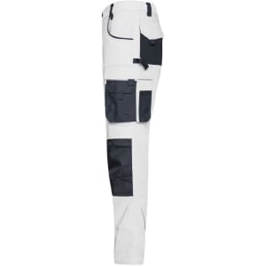 Winter workwear pants in white with navy blue accents and multiple pockets on the side. Features a logo branding.