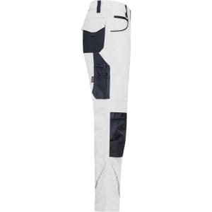 Workwear pants in white with navy accents, featuring multiple pockets and reinforced panels. Includes branding.