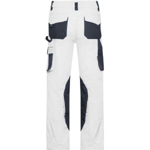 Winter workwear pants featuring a white design with navy accents and multiple pockets. Includes a logo.