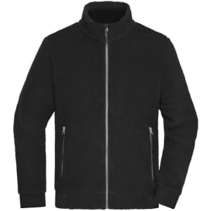 A black Sherpa jacket with a zip front and side pockets, featuring a high collar and a logo on the chest.