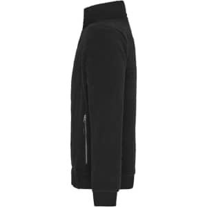 A black Sherpa jacket with a high collar and zip pockets, featuring a fleece texture and ribbed cuffs.