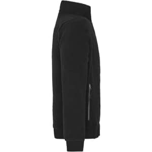 A black Sherpa jacket displayed from the side, featuring a zip pocket and a high collar.