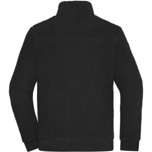 A black Sherpa jacket with a high collar and a textured polar fleece design. It has a plain back and features a logo.