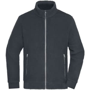A grey Sherpa jacket with a high collar, zip fastening, and two side pockets. Features a logo.