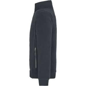 A Sherpa jacket in dark grey, featuring a high collar and a zippered side pocket. Includes branding details.