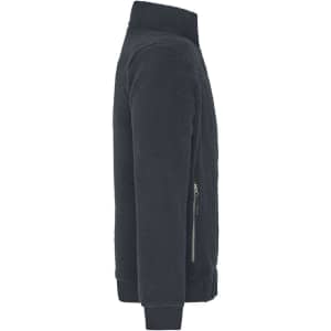 A side view of a black Sherpa jacket featuring a zippered pocket and a high collar. It has a logo on the design.
