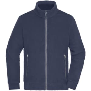 A navy Sherpa jacket featuring a full zip, high collar, and side pockets. It has a soft, fleece texture.
