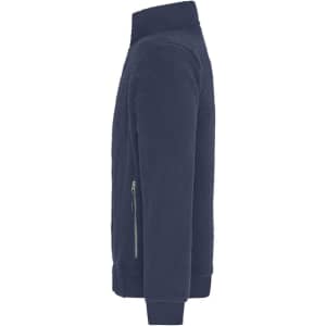 A navy Sherpa jacket with a zip pocket and a high collar, featuring a branded logo.