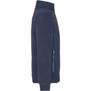 A polar fleece jacket in navy blue, featuring a high collar and a zippered side pocket. It has a logo on it.