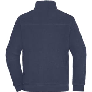 A navy Sherpa fleece jacket with a high collar and a plain back. It features a logo on the design.