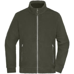 A polar fleece Sherpa jacket in olive green with a zip front and two side pockets. Features a collar and ribbed cuffs.