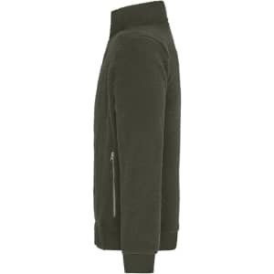 A polar fleece jacket in dark green with a zip pocket and high collar. It features a logo on the side.