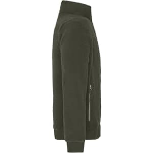 A polar fleece Sherpa jacket in dark green, featuring a zippered pocket and a high collar.