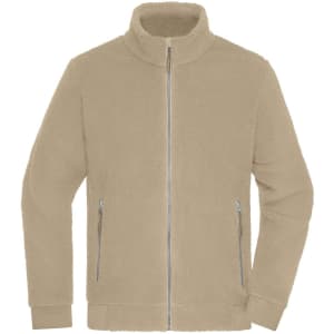 A beige Sherpa jacket featuring a zip front and side pockets, made from soft polar fleece material.