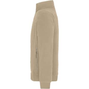 A beige Sherpa Jacket with a zippered pocket, featuring a soft polar fleece texture and a stand-up collar.