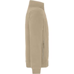 A Sherpa jacket in a light beige colour with a zippered pocket and a high collar. It has a branding logo.