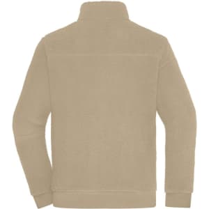 A polar fleece Sherpa jacket in a light tan colour, featuring a high collar and a simple design with a logo.