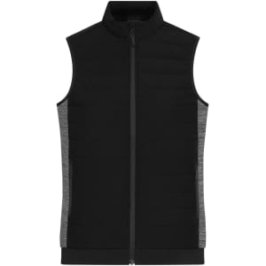A black ladies padded hybrid vest with grey side panels and a high collar, featuring a front zip and no sleeves.