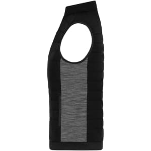 A padded hybrid vest in black with a grey panel, featuring a sleeveless design and a zip pocket.