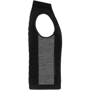 A padded hybrid vest in black with a grey textured side panel and a sleeveless design, featuring a logo.