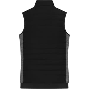 A black padded hybrid vest with a grey side panel, featuring a collar and no sleeves. Includes a logo.