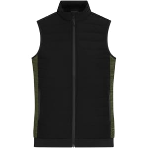 A black padded hybrid vest with green side panels and a zip-front design, featuring a collar and no sleeves.