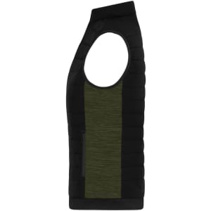 A padded hybrid vest featuring an olive green front panel and black sides, with a sleeveless design and a zip pocket.