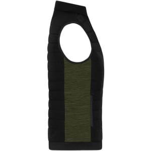 A padded hybrid vest featuring a black and olive green design with a sleeveless cut and zip pocket.