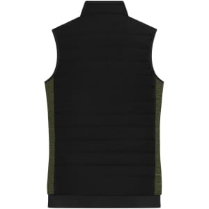 A padded hybrid vest in black with olive green sides, featuring a high collar and no sleeves. Includes a logo.