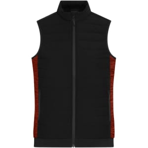 A ladies' padded hybrid vest in black with red side panels and a zip front, featuring a logo.