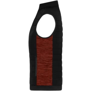 A padded hybrid vest featuring a black body and a textured red panel, with a side zip pocket and a sleeveless design.