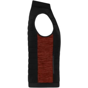 A padded hybrid vest featuring a black body with a red-striped front panel and a sleek sleeveless design.