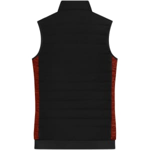A black and red ladies padded hybrid vest with a sleeveless design and a logo.
