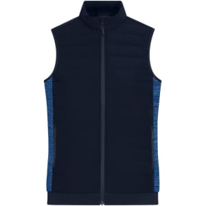 A ladies' padded hybrid vest in navy blue with patterned blue sides and a zip front. Features a logo.